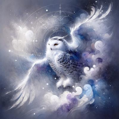 The primary subject of the image is a white owl with orange eyes, perched on a branch. The setting is a cloudy sky, and the visual style is a digital art illustration. The dominant colors are white, gray, and purple, creating a calm and serene atmosphere.